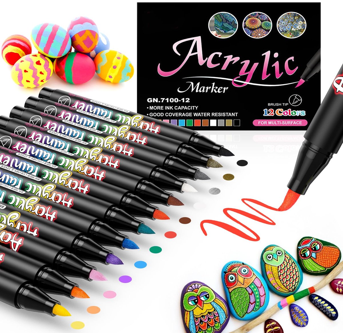 Acrylstiften voor stenen 12 kleuren - zachte tip - waterdicht - ideaal voor creatieve projecten - ShopVlot