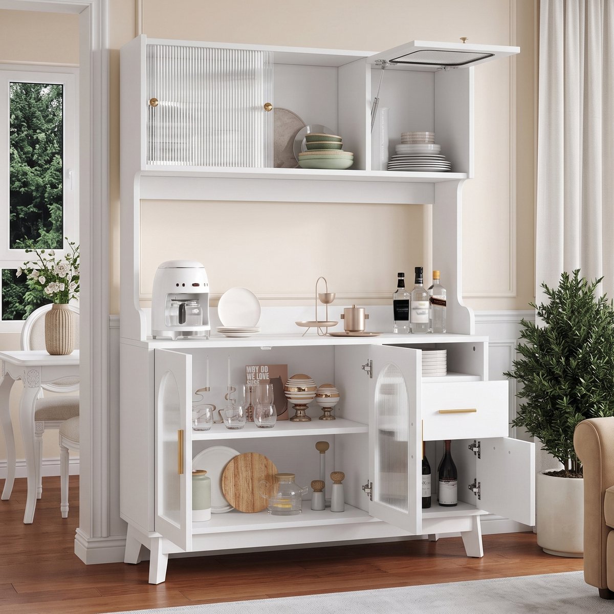 VVBV Buffetkast 120x40x178 cm - Opbergruimte, USB-Aansluiting, Glazen Deuren, Stopcontact - Wit, Spaanplaat