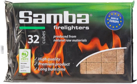 Verpakking van 32 Samba aanmaakblokjes, gemaakt van natuurlijke materialen.
