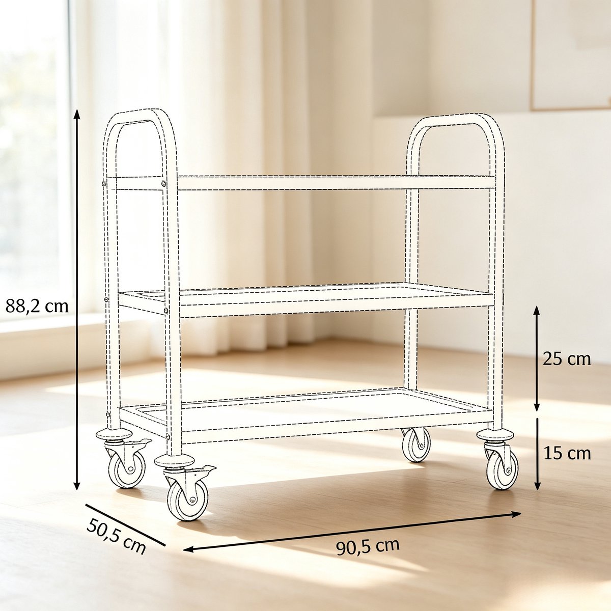 Servierwagen Met Wielen – 3 Etages – RVS – Verchroomd Staal – Zilver – Keuken, Opbergen En Transport – Met Rem