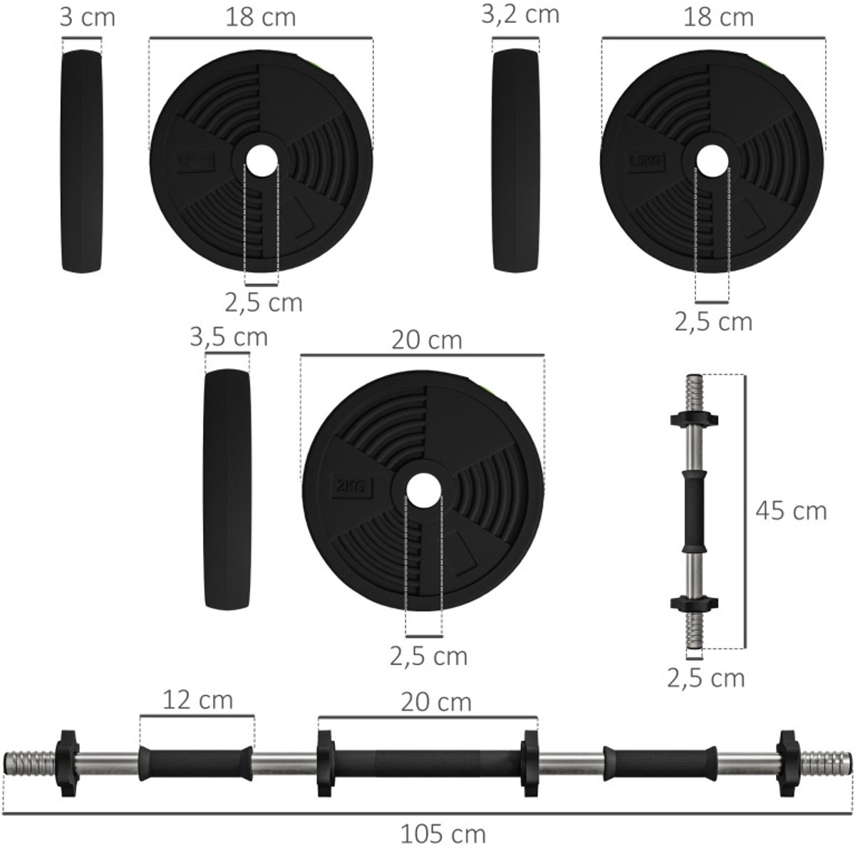 Halterset – 2 In 1 Verstelbaar – 20 Kg – Plastic – Zwart – Voor Krachttraining Thuis – Antislip Greep – Bodembeschermend