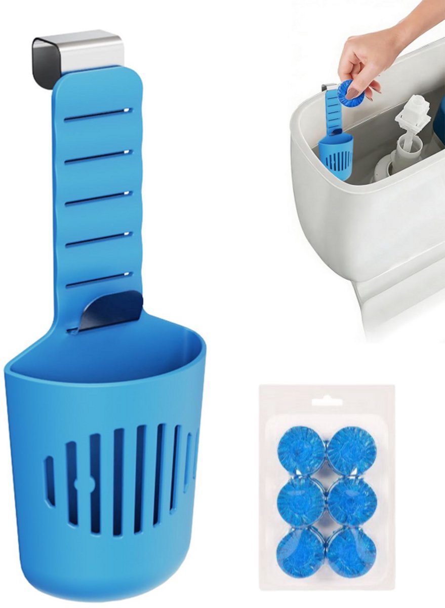 Casalora Toiletblokjes Inbouwreservoir Tablethouder en 6 WC Blokje - Siliconen Houder voor Reinigingstabletten - Hangende Doseerhouder met RVS Haken - Geschikt voor Waterniveau tot 18 cm - Blauw