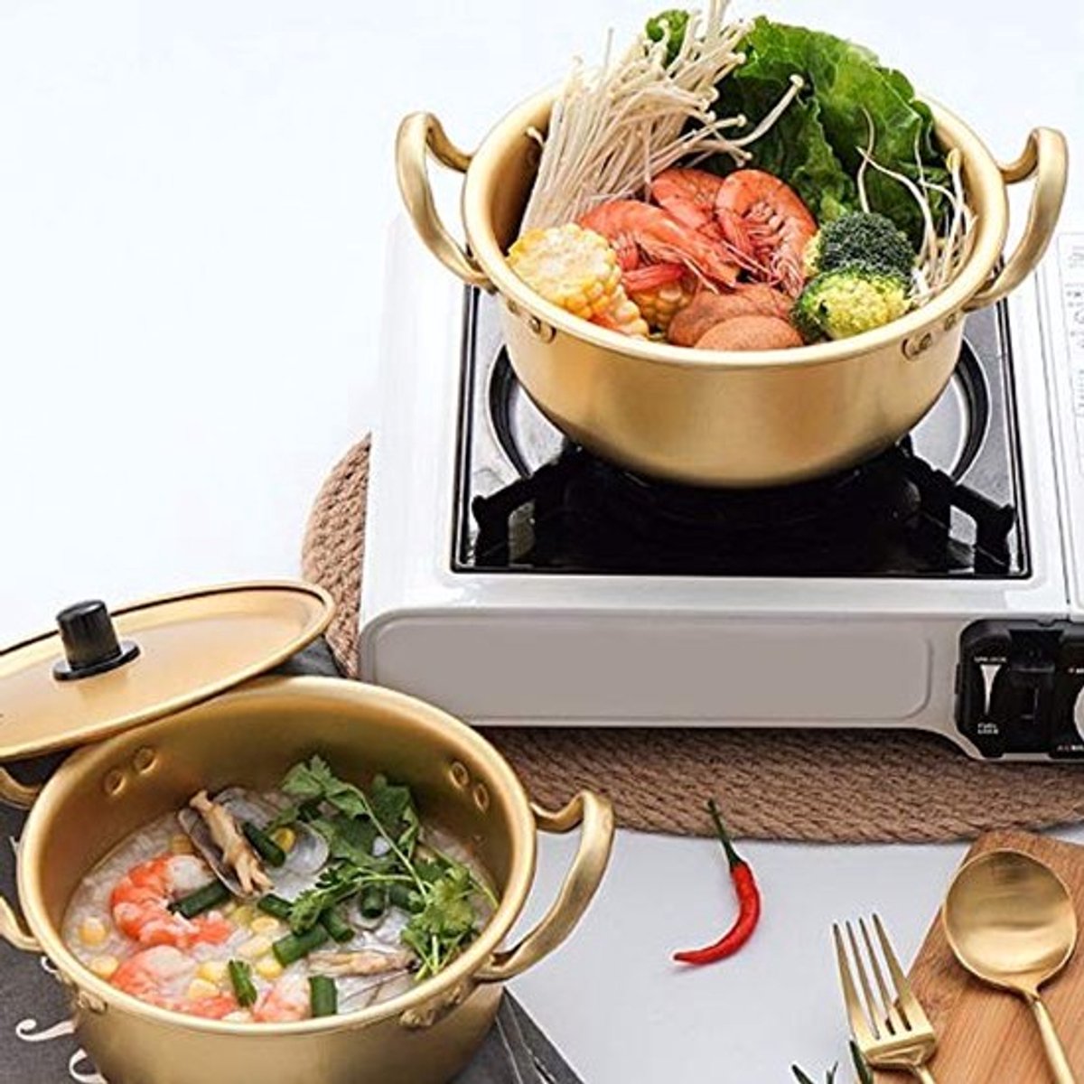 Koreaanse Windows Noodle Pot Dubbele Handgreep Koreaanse Gele Aluminium Soeppan Instant Noodles Pot