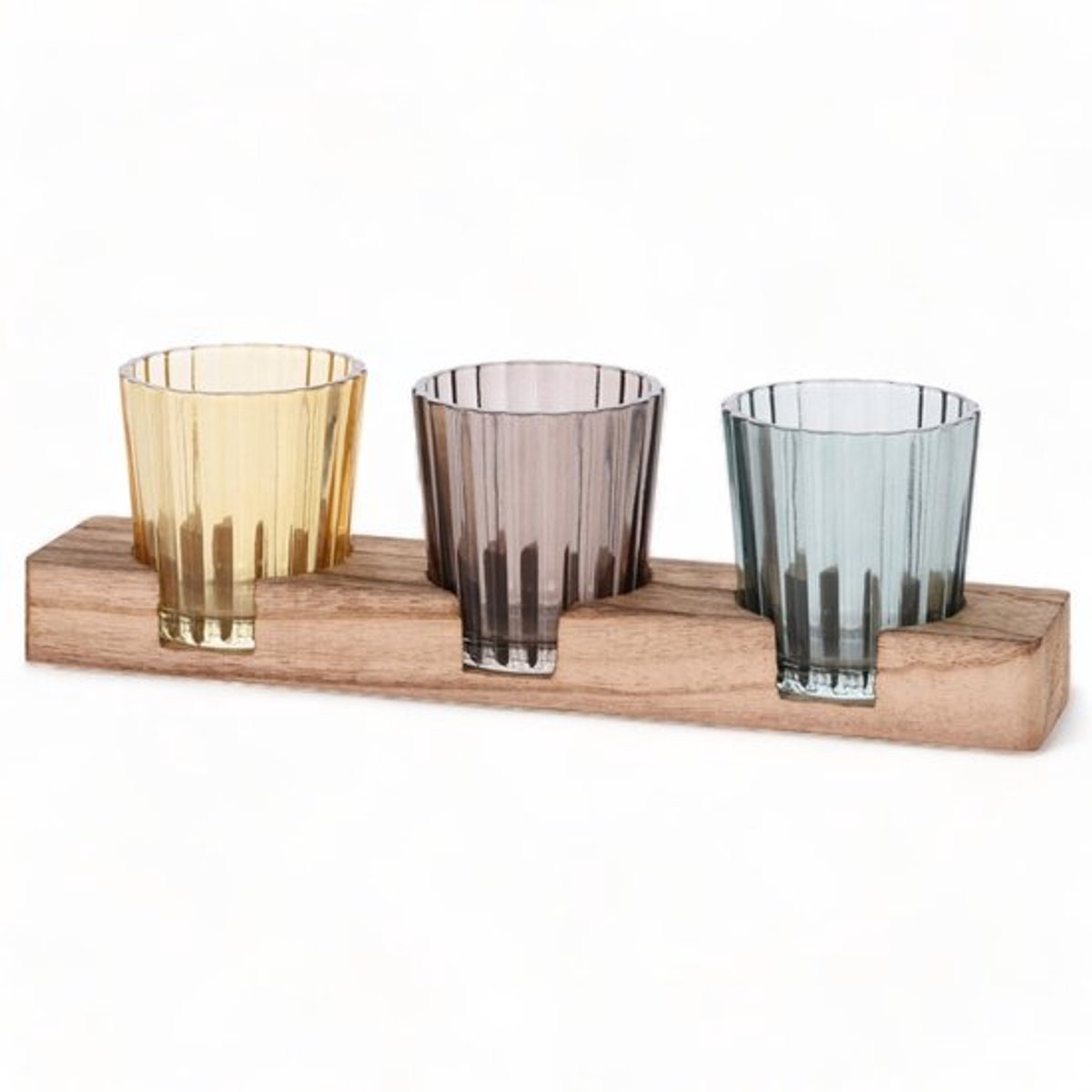 4-delige Theelichthouder Set - Ribbelglas - Houten Dienblad - Voor Binnen