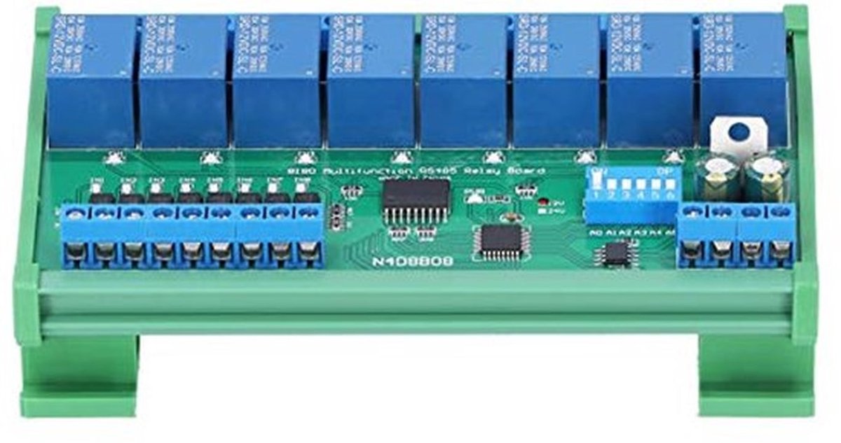 N4D8B08-R 8-kanaals relaismodule met Modbus RTU, 8 ingangen/8 uitgangen, 12 V, PLC-uitbreidingskaart voor DIN 35-railbehuizing