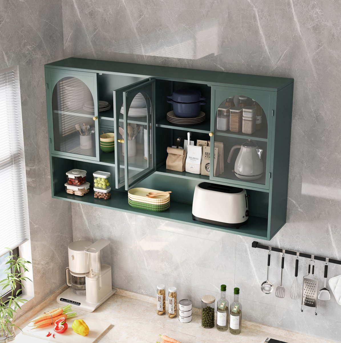 MODENUIT Wandkast - 4-Deurs Vitrinekast Met Grijs Glas En Metaal - Keuken En Woonkamer - Donkergroen - 120 Cm