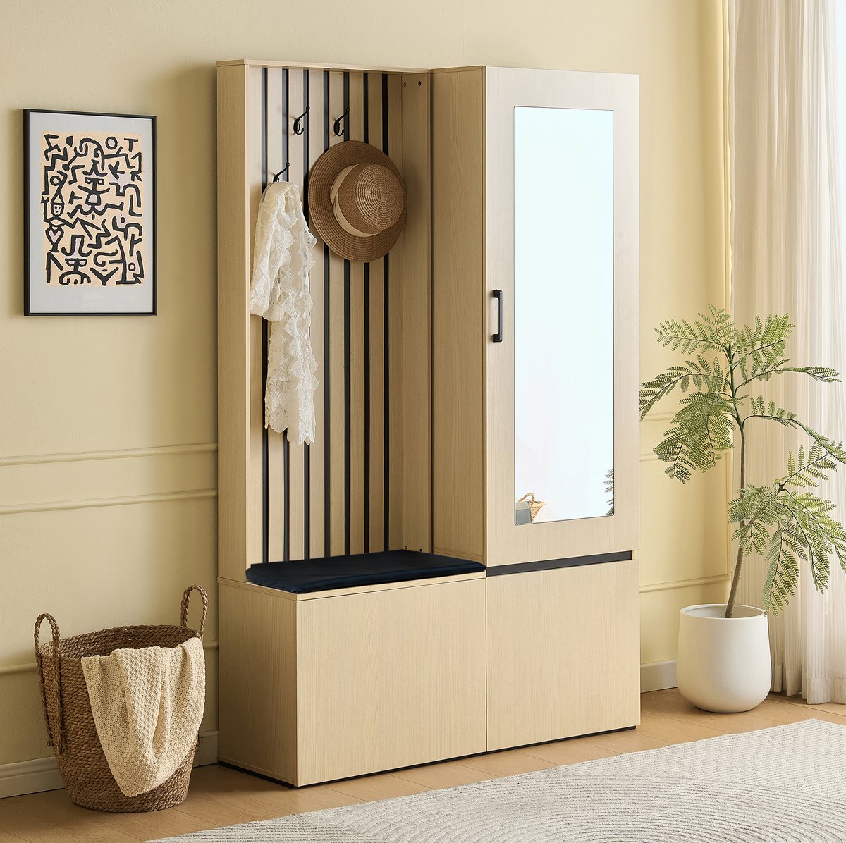 MODENUIT Halmeubel - Spiegel En Zitbank Met Kledingstang - Hal En Slaapkamer - MDF - Wood - 59,5x45x179,5 Cm