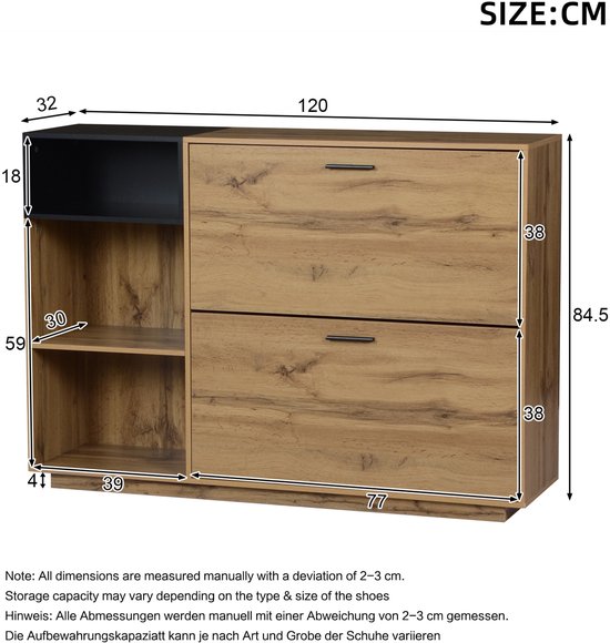 MODENUIT Schoenenkast - 3 Open Vakken En 2 Klapvakken - Hal En Slaapkamer - MDF - Naturel Zwart - 120x32x84,5 Cm — afbeelding 4