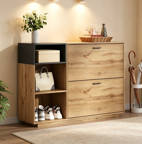 MODENUIT Schoenenkast - 3 Open Vakken En 2 Klapvakken - Hal En Slaapkamer - MDF - Naturel Zwart - 120x32x84,5 Cm — afbeelding 2