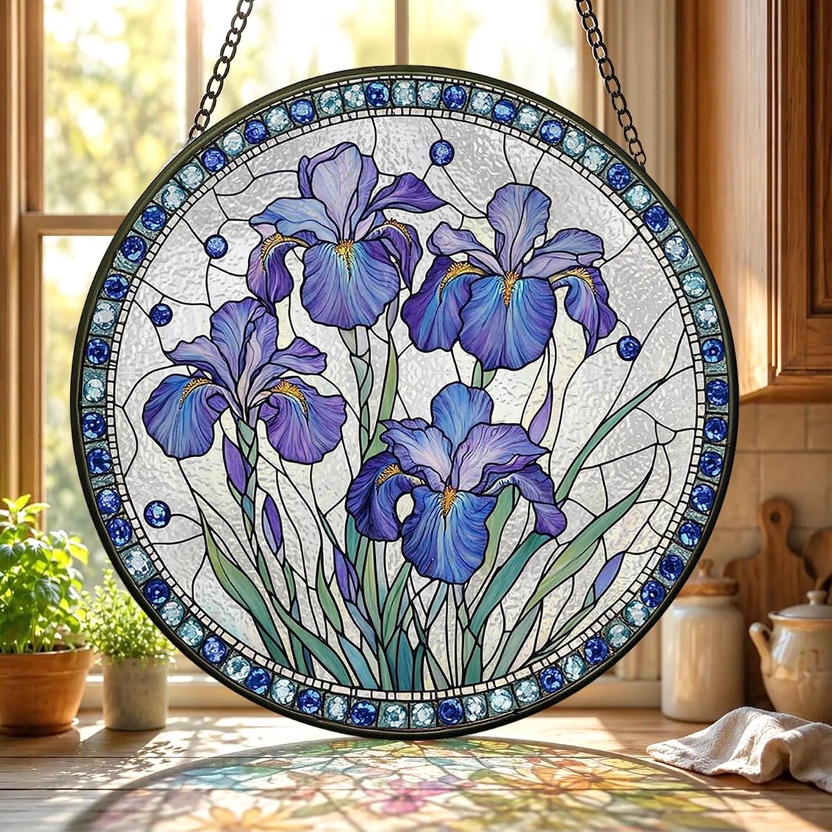 Iris Gekleurd Glas Hangend - Bloem Hangende Raamdecoratie - voor Tuin, Raam en Deur, Verjaardag voor Vrouwen, Handgemaakte Suncatcher Decoratie 20x20 cm