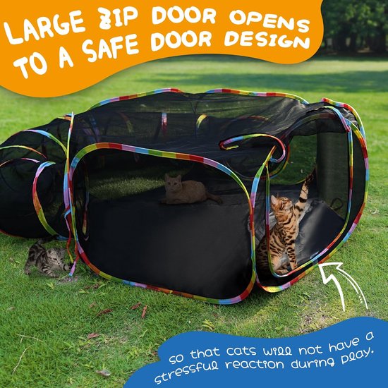 Cat Tunnel en Play Tent, Regenboog Gekleurd, Mesh Behuizing met Verbindende Tunnel — afbeelding 3