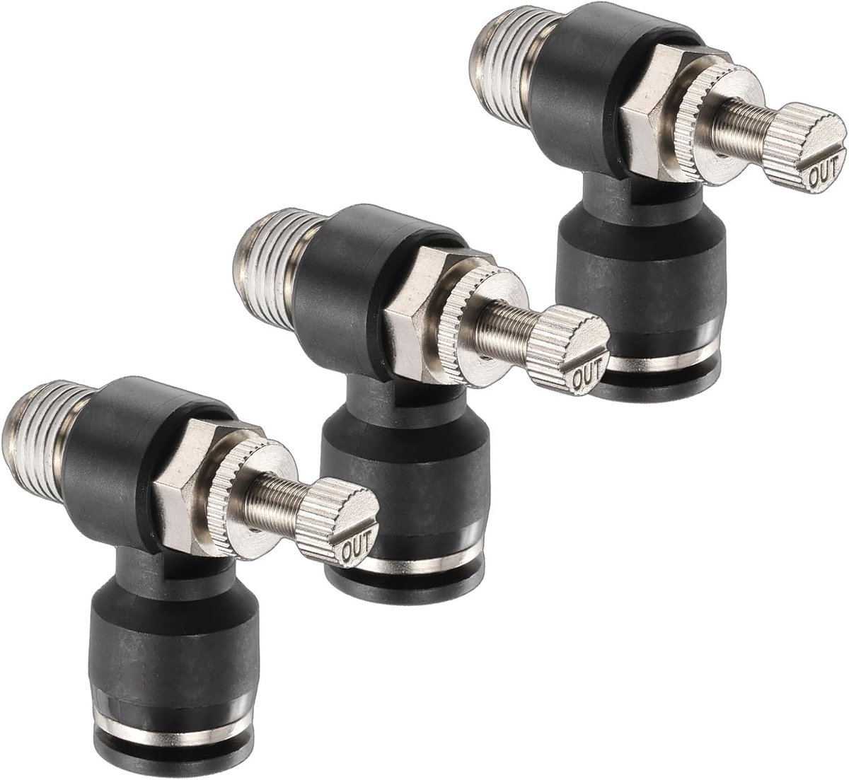 3 stuks luchtstroomregelventiel 10 mm slang-Ø x 1/4 inch PT schroefdraad push-to-connect-fitting luchtleidingsaansluiting hoek 90 graden snelheidsregelventiel adapter fitting