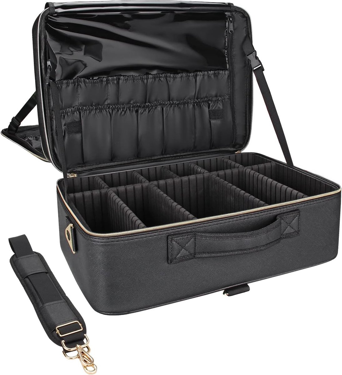 Extra grote cosmeticakoffer met 4 stuks make-uptassen, professionele beautycase set, draagbare cosmetica-organizer voor op reis met verstelbare verdelers, zwart