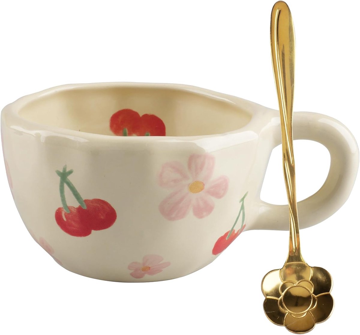 theekop met lepel 250 ml koffiemok schattige kopjes met handbeschilderde bloemen, esthetische mok keramische cadeau voor vrouwen keramische kopjes creatieve bloem theekop voor