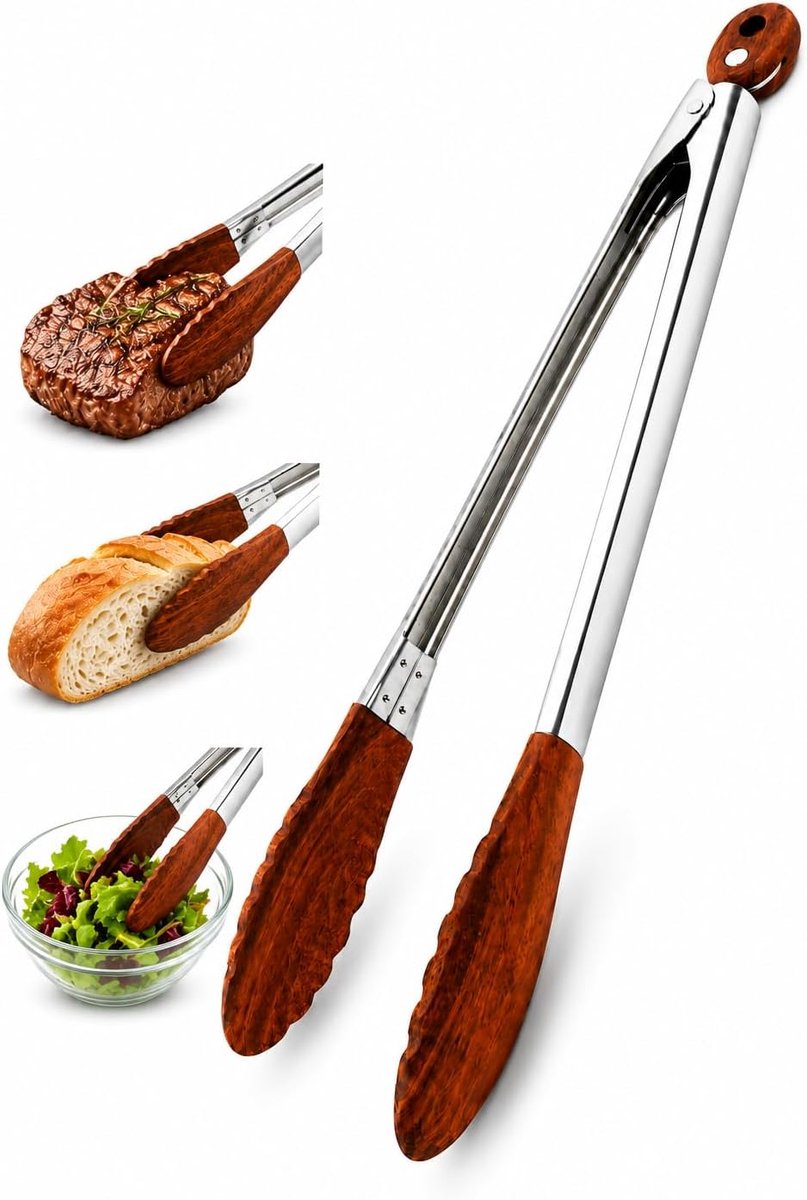 keukentang van roestvrij staal en walnoothout, 38 cm, hittebestendig, ideaal voor grillen, koken en serveren, krast geen pannen, verzorgt je pannen met antiaanbaklaag (38 cm)