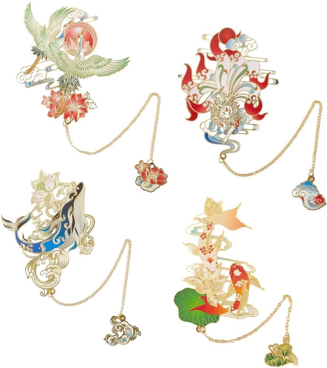 4 stuks Chinese stijl boekenlegger vintage metalen bladwijzers met gouden ketting hanger hol ontwerp bergen en zeeën heilige beesten retro geluksvogel culturele pagina markers voor volwassen