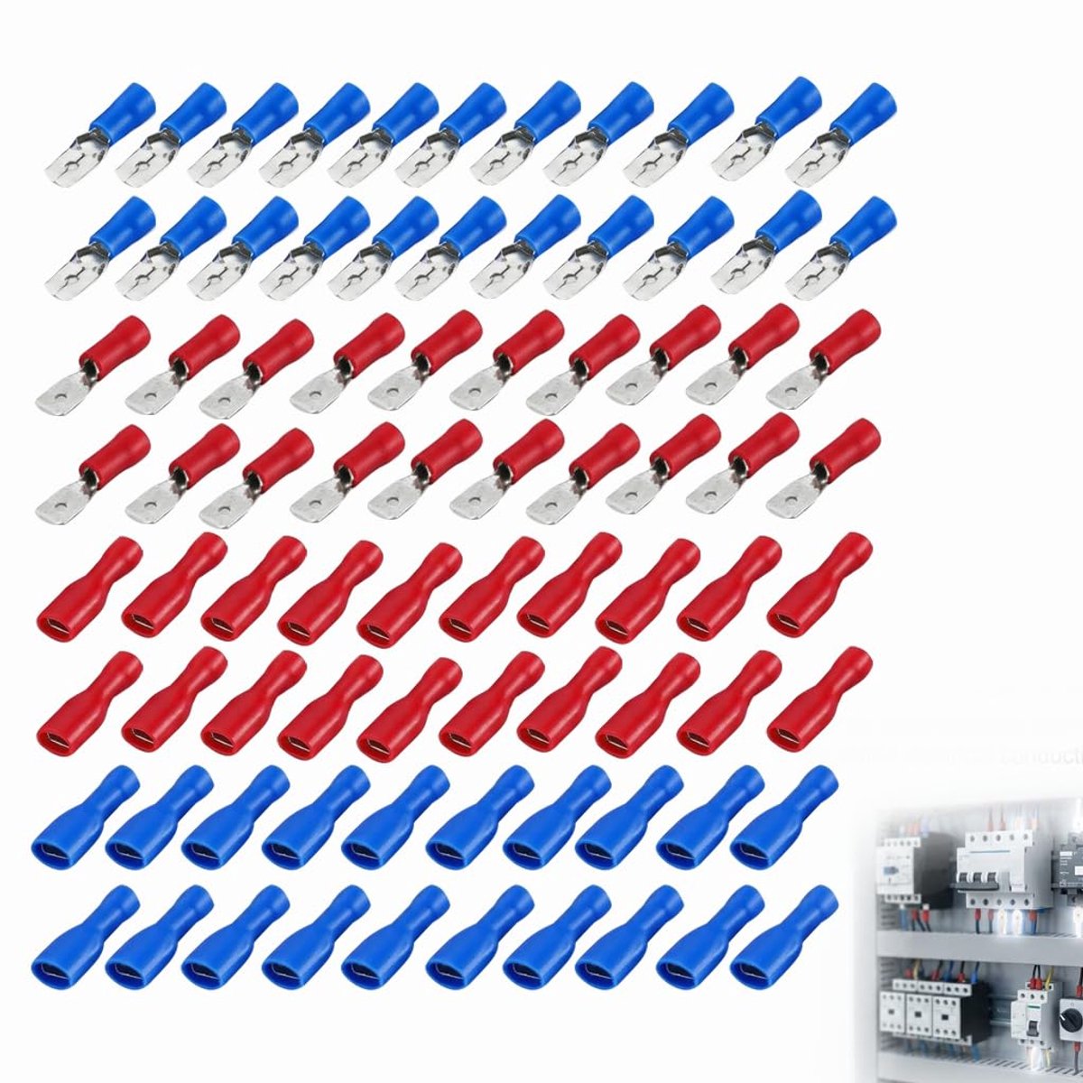 80 elektrische krimpkabelschoenen 6,3 x 0,8 mm, geïsoleerde mannelijke vrouwelijke klemmen, snelkabelconnector voor 1,5-2,5 mm² (16-14 AWG) blauw en 0,5-1,5 mm² (22-16 AWG) rood