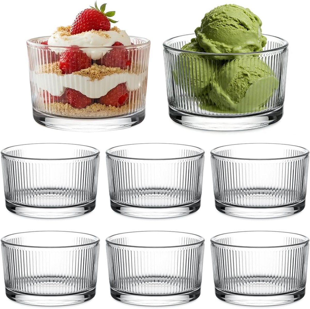 8 transparante dessertbekers met verticaal patroon