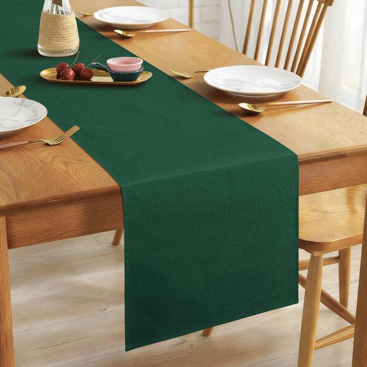 Tafelloper, Antislip, Hittebestendig, Waterdicht, Moderne Linnenlook, Wasbaar, voor eetkamer, feest en feestdecoratie, donkergroen, 40 x 140 cm
