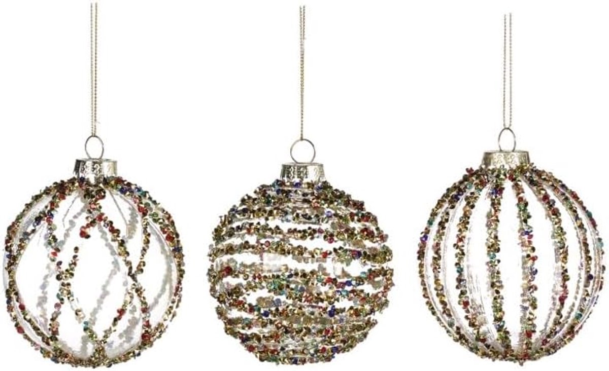 Kerstbal Stripe D 8 cm - Glazen multicolor - Set van 3 - Perfect voor sfeervolle versiering - SnelShoppen