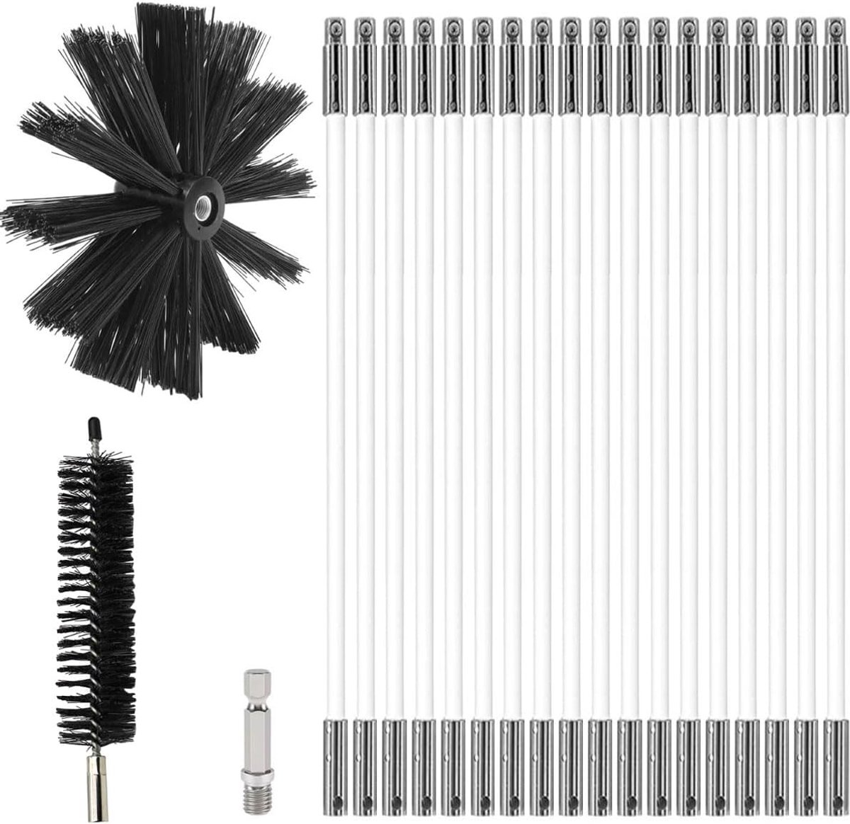 Reinigingsborstel Kit Nylon Rotary Duct Vent Cleaning Set Flexibele Schoorsteen Sweep Kit Open haard Droger Vent Cleaning Kit 18 Staven 1 Borstelkop 100mm 1 Borstelkop 38mm