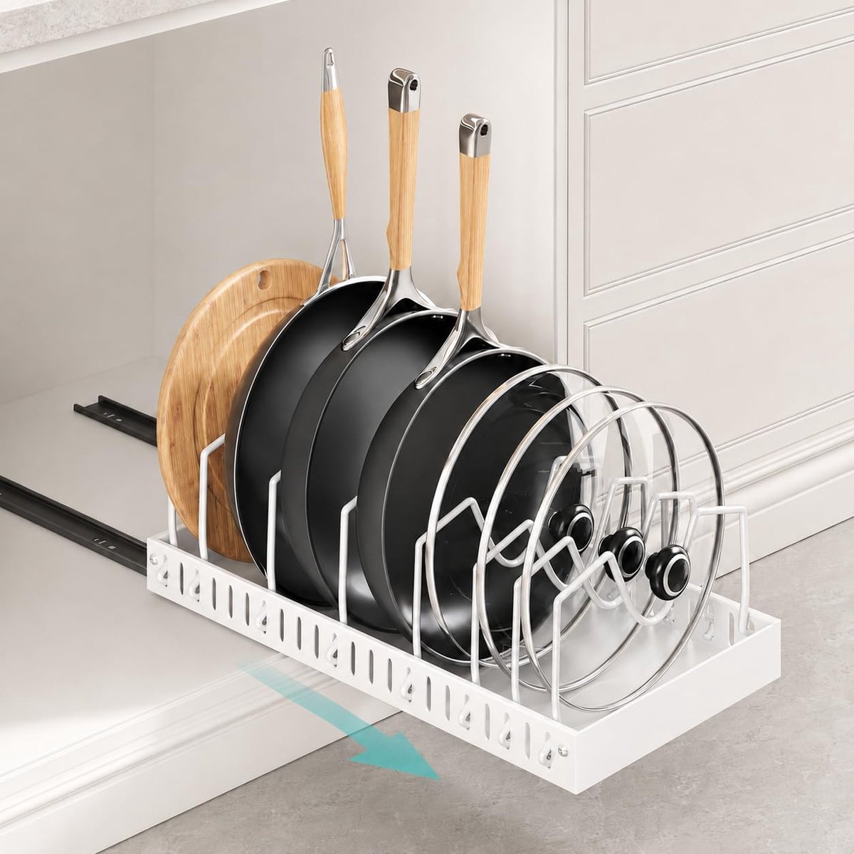 uittrekbare pannendekselorganizer met 8 verstelbare vakken, pannenorganizer lade, dekselhouder keuken, 1 stuk, wit