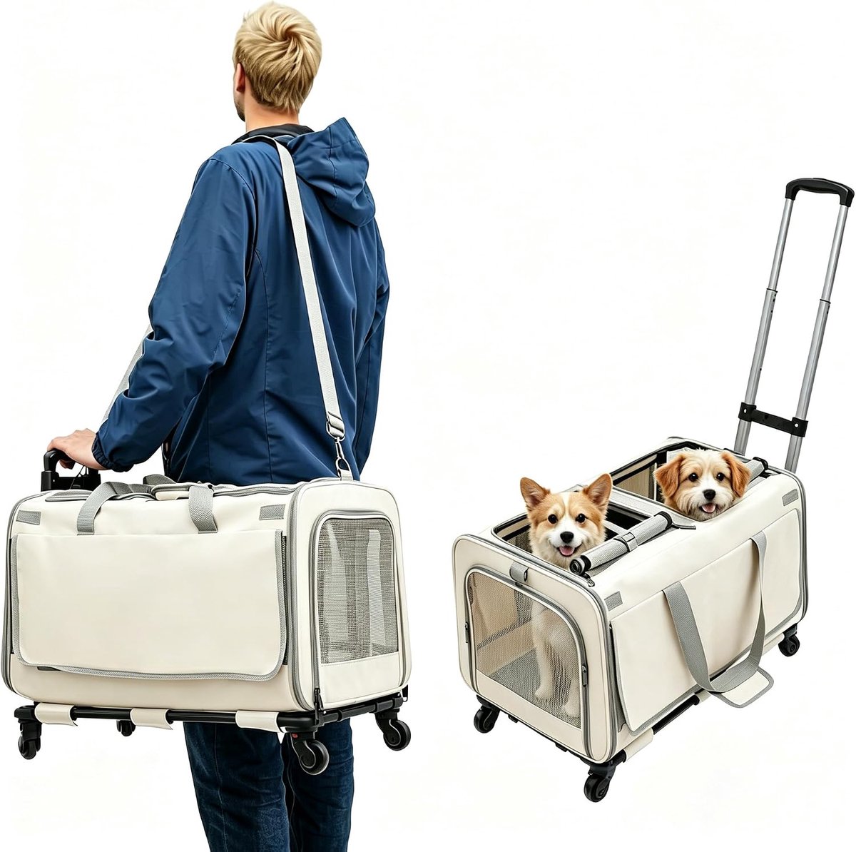Huisdierendrager met twee vakken - afneembare transportbox - met wielen en telescopische handgreep - SnelShoppen