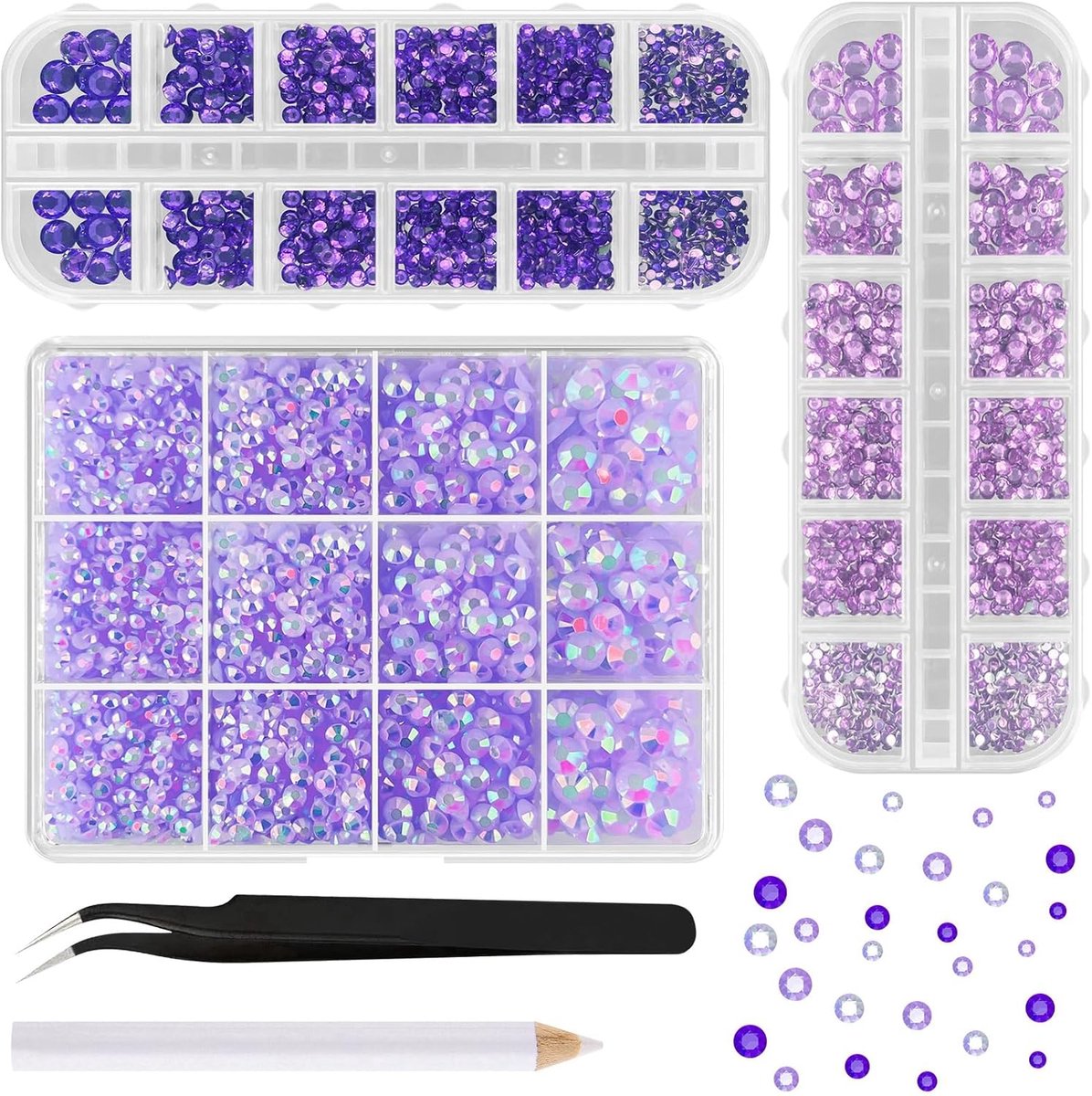 Paarse harssteentjes om te knutselen, 2 mm-6 mm gemengde 12000 stuks platte hars-edelstenen voor knutselen, edelstenen, bulk, gelei AB Bedazzling Diamanten voor nagels, tumblers, mokken