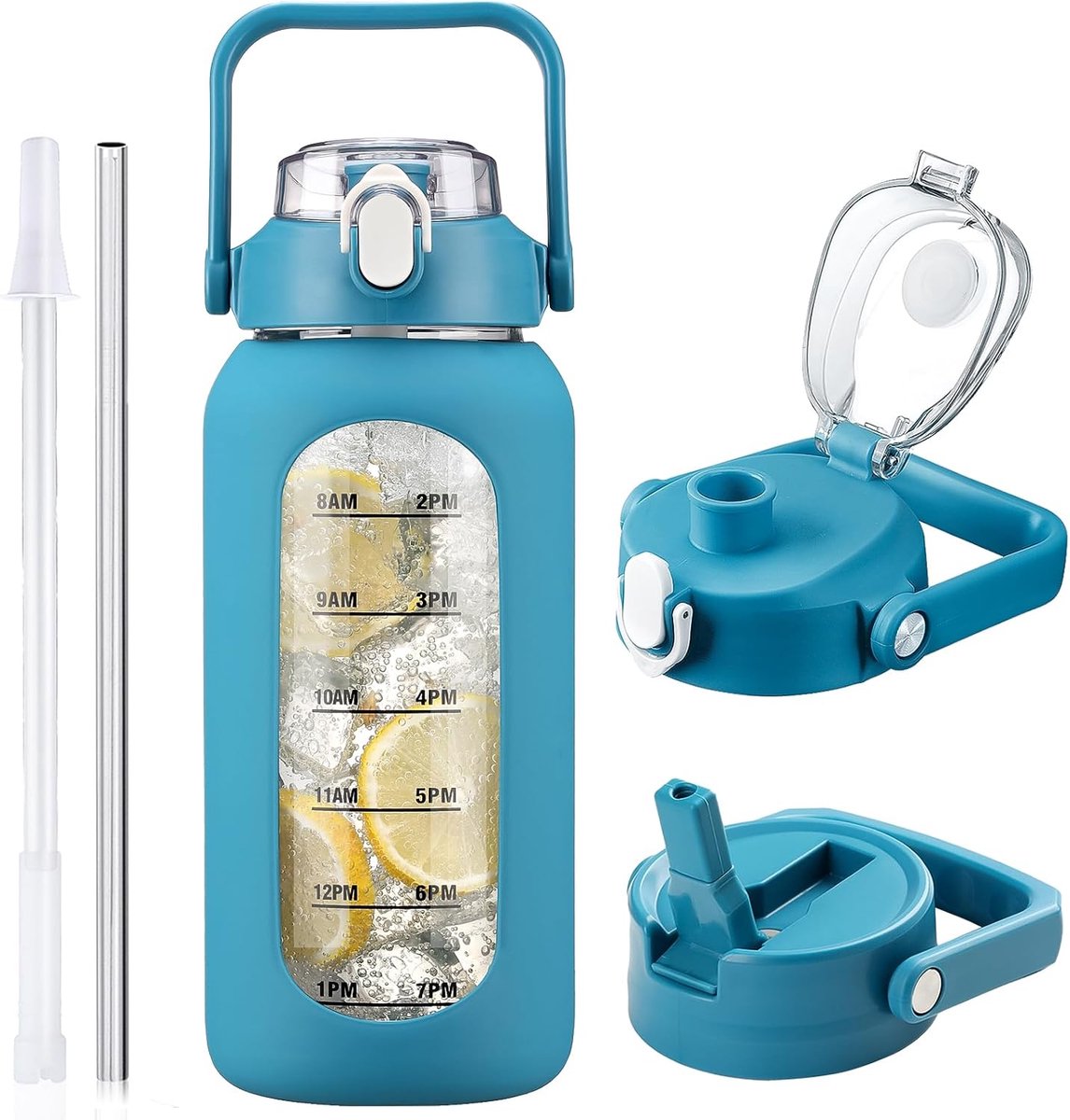 2L glazen waterfles met rietje en 2 deksels, glazen waterfles met tijdsaanduiding bedrukte siliconen hoes, wijde opening sportbeker, donkerblauw