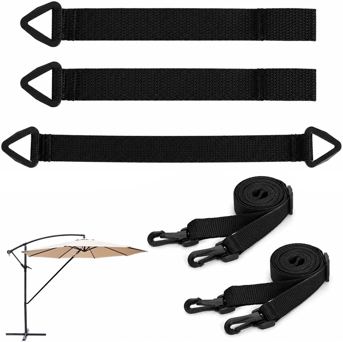 Riem voor parasol, tegen wind, 5 stuks, bevestigingsset voor zweefparasol, zwart | Set van 5 robuuste Oxford-stoffen riemen met ABS-haken, 144-275 cm, 34 cm en 17 cm, voor tuin, terras, balkon