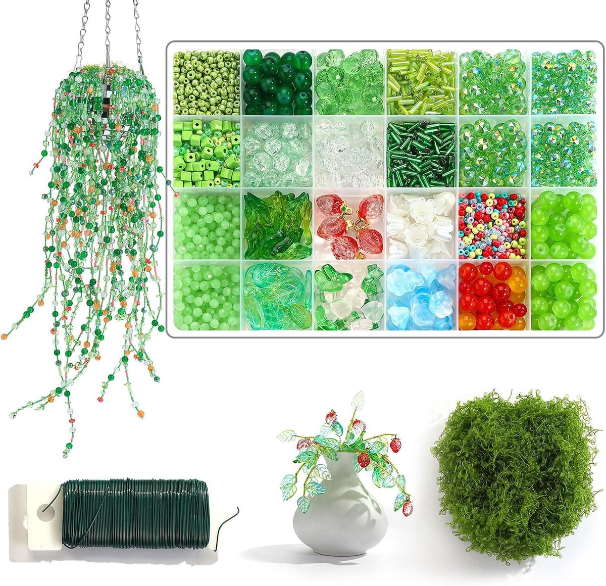 Kralenset, groene kralen plant, groene glaskralen, DIY kralenplanten set voor knutselwerk, handgemaakte sieraden & creatieve plantcreaties