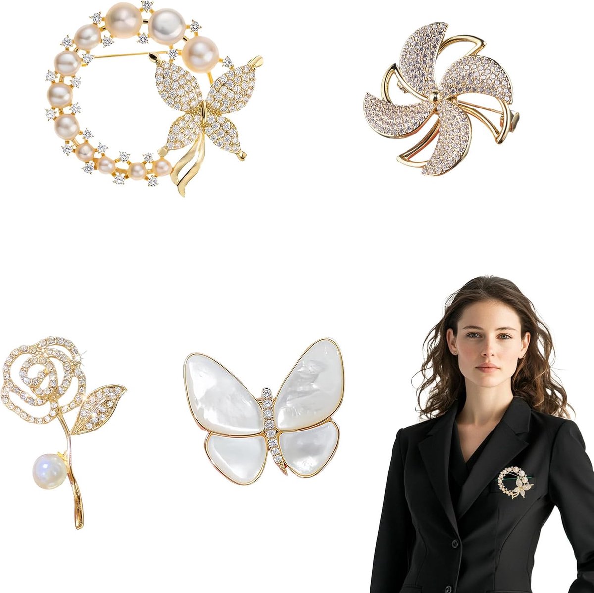 Broche dames vintage set van 4 – elegante bloemvormige speldjes – sierlijke accessoires voor kleding, tas of sjaal – retro stijl – perfect voor feest, bruiloft en dagelijks gebruik