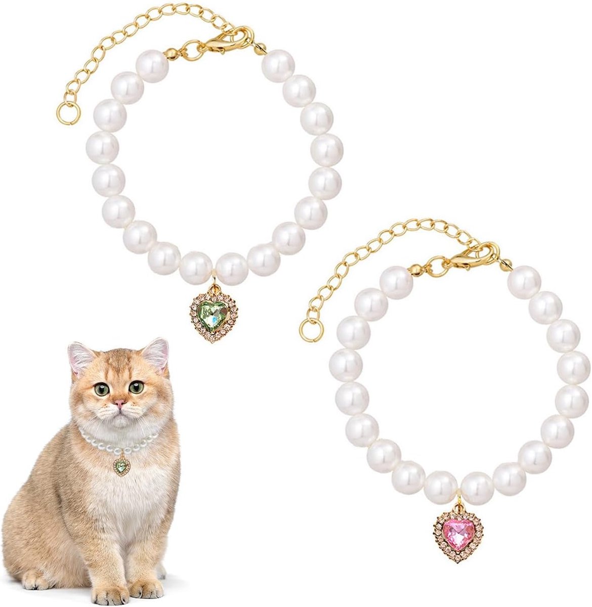 2 Stuks Verstelbare Parel Kat Hond Halsband met Hartvorm Strass Roze Groen Hart Huisdier Halsband Huisdier Ketting Bling Parel voor Kleine Huisdieren Dagelijks Dragen