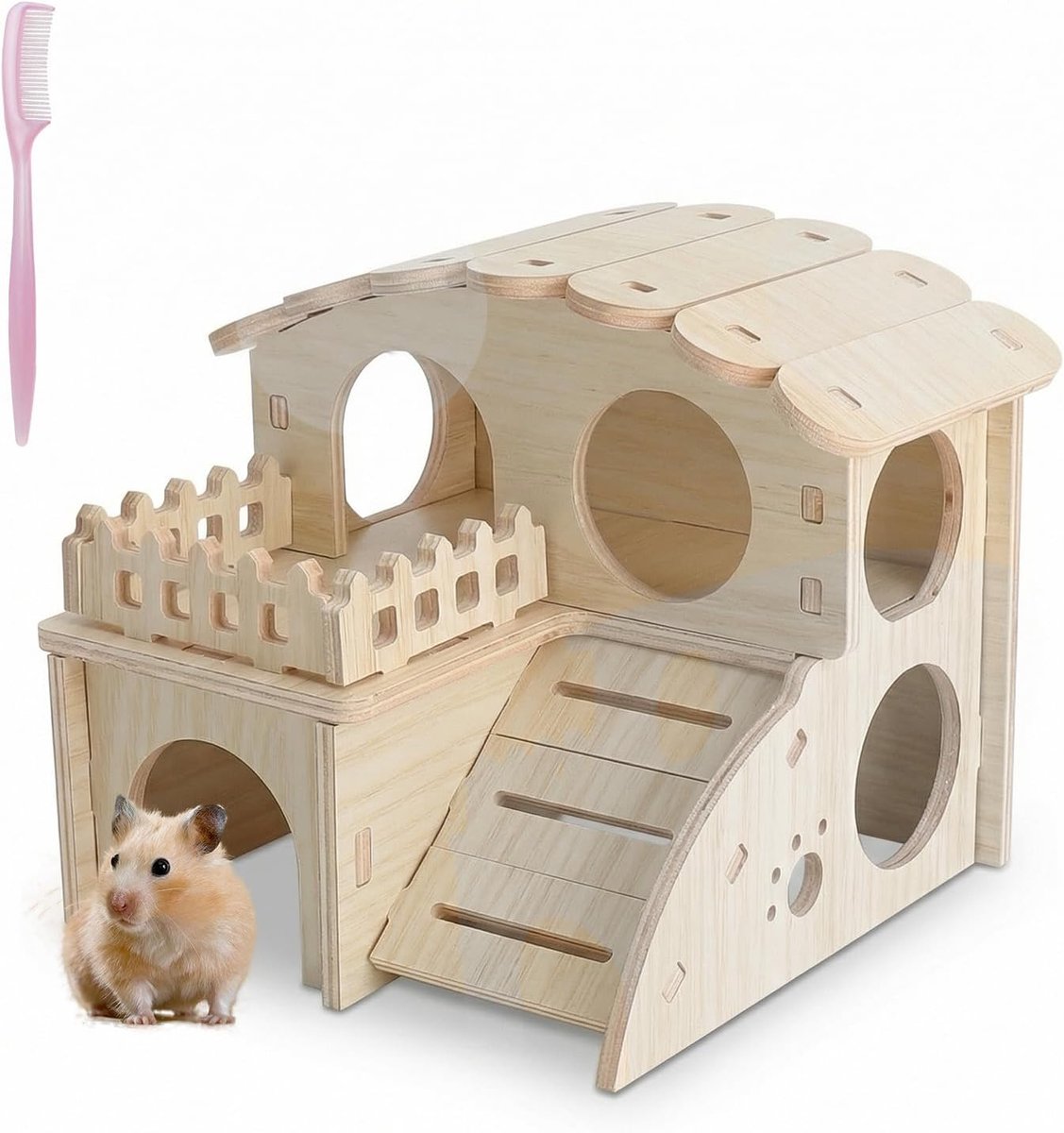 Hamster met meerdere kamers van hout voor dwerghamsters en gerbils, huis van hout met helling en niveaus, stabiele accessoires als schuilplaats en speelgoed voor kleine knaagdieren
