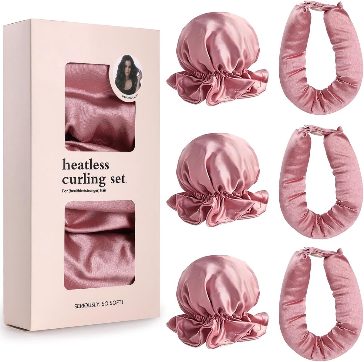 Krulspelden zonder hitte, Wyngee 3 krulspelden + 3 mini-hoofdtelefoons, fixeersjaal, flexibel, buigzaam, krulspelden voor haar, om zelf te maken, haarstylinggereedschap, roze
