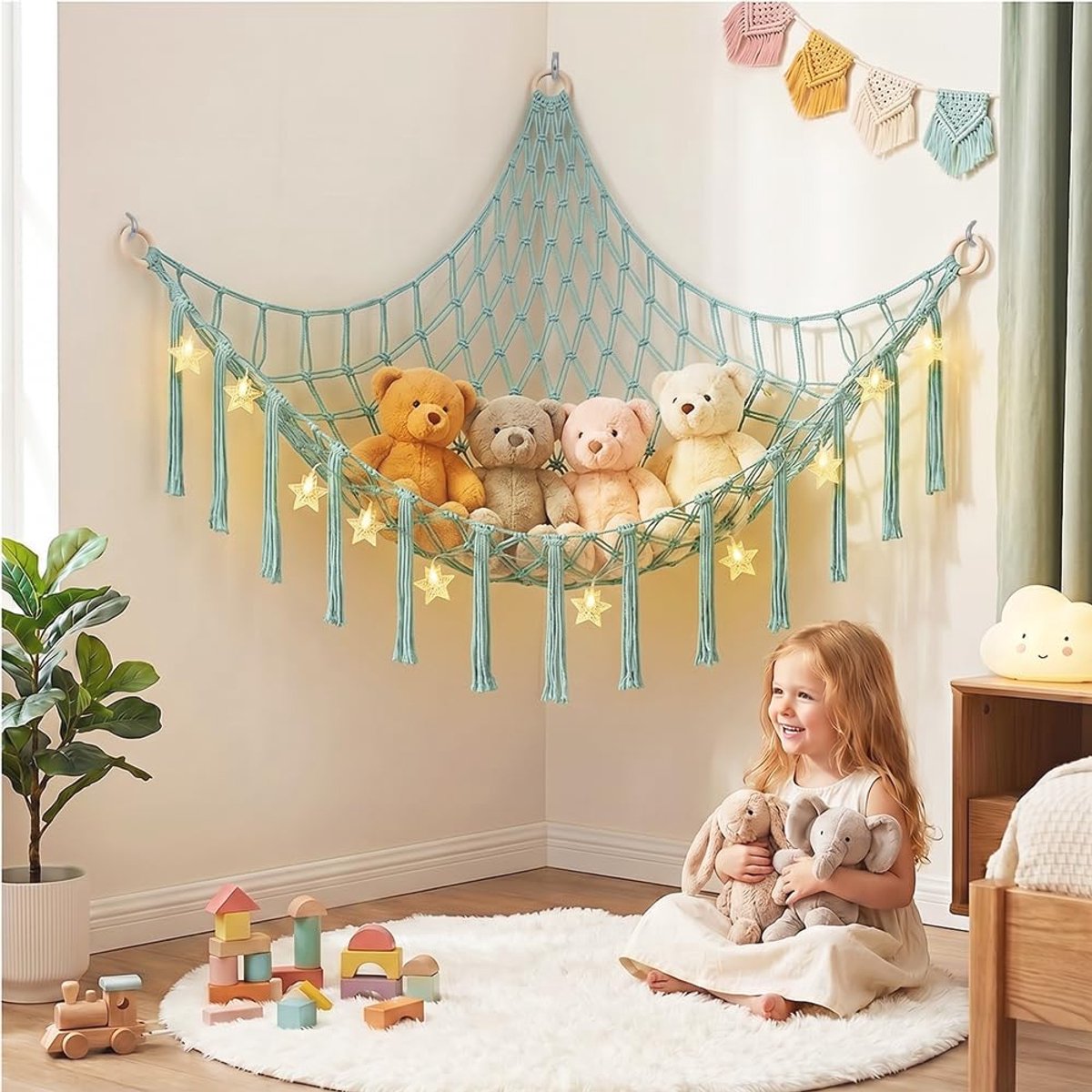speelgoedhangmat voor opgezette dieren, teddyhangmat speelgoednet met LED-sterrenslingerlichten, Boho grote hoekhangnet met kwast, zachte knuffelspeelgoedopslag voor kinderslaapkamerdecoratie
