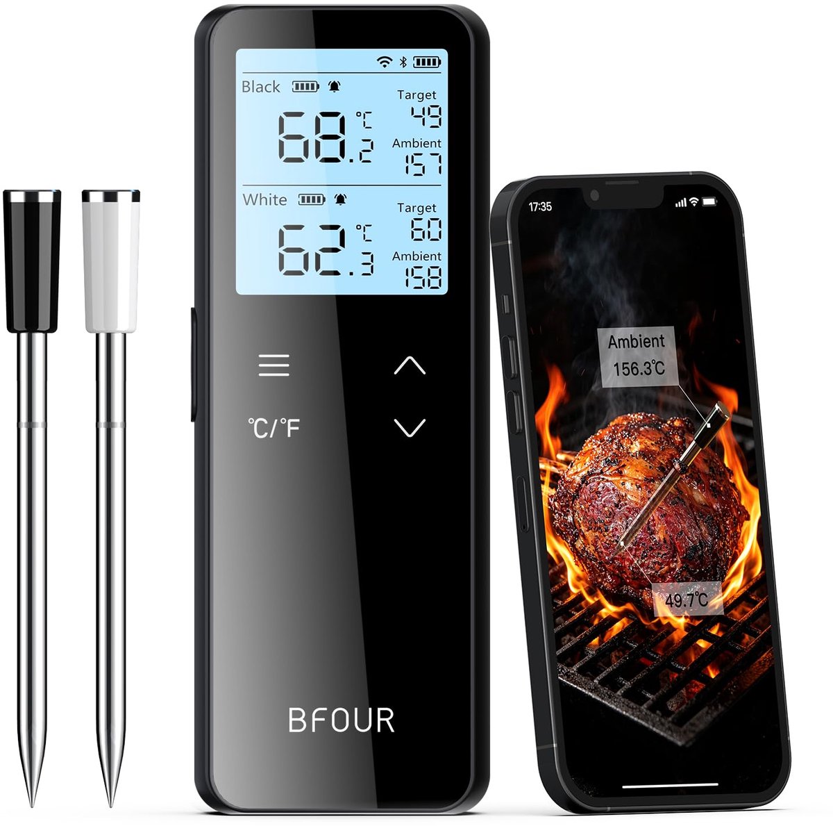 Vleesthermometer met standalone basis - Bluetooth & WLAN - 2 sondes - ideaal voor barbecue en grill - SnelShoppen