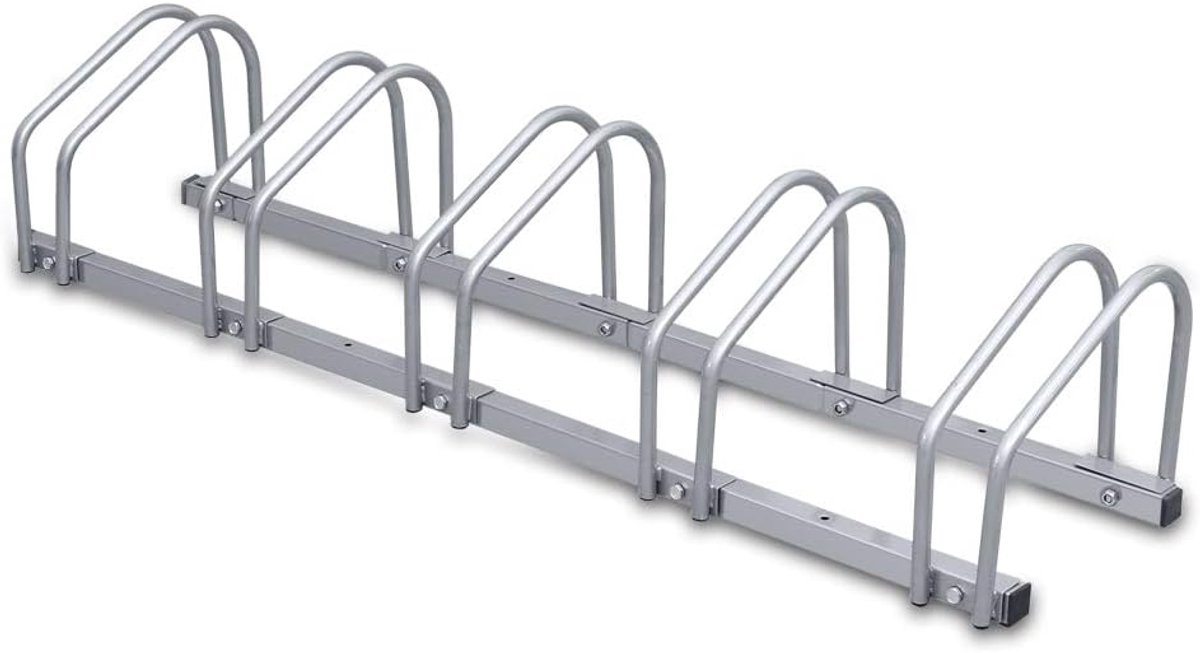 5 fietsen, veilige fietsstandaard, ook voor mountainbikes en e-bikes, vloer- of wandmontage, meervoudige standaard staal voor garage en tuin, 130 x 32 x 26 cm, zilver