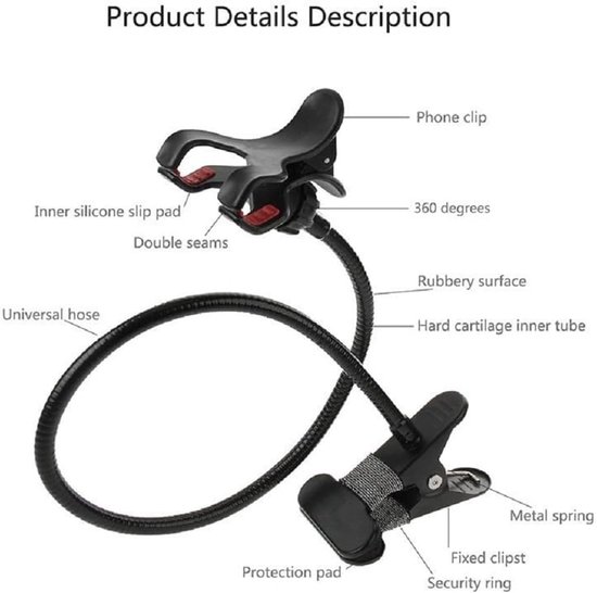 Mobiel - Flexibele metalen lange arm Lazy Bracket Holder met telefoonklem en bureauclip. Bureaublad, bedhoofdeinde, auto, bank voor Wiko Sunny 5 Lite (2020) - Zwart — afbeelding 4
