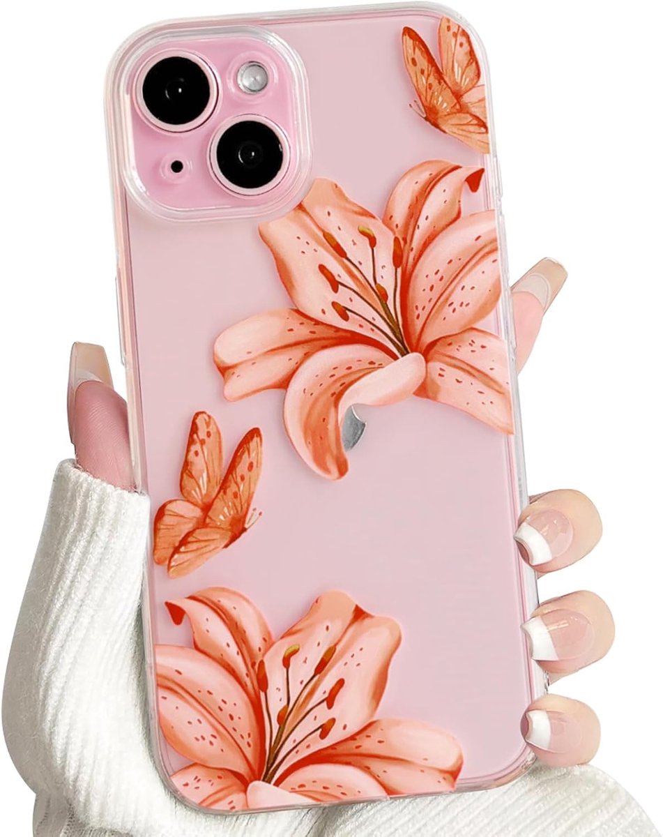Hoesje voor iPhone 15 Duidelijk Lelies Bloemen, Oranje | Schattige Vlinder Patroon, Transparant Hoes, voor Vrouwen Meisjes, Slanke Zachte TPU, Schokbestendig Beschermhoesje