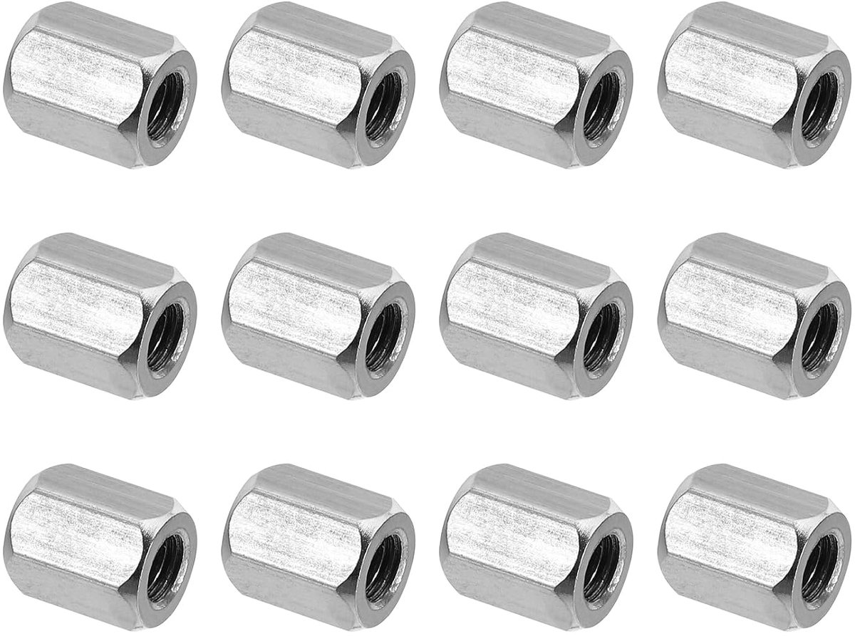 Zeskantige koppelingsmoeren van roestvrij staal, M5 x 0,8 mm, 12 stuks, 10 mm lengte, schroefdraadstangkoppeling, compleet, dik, boutenverbinder