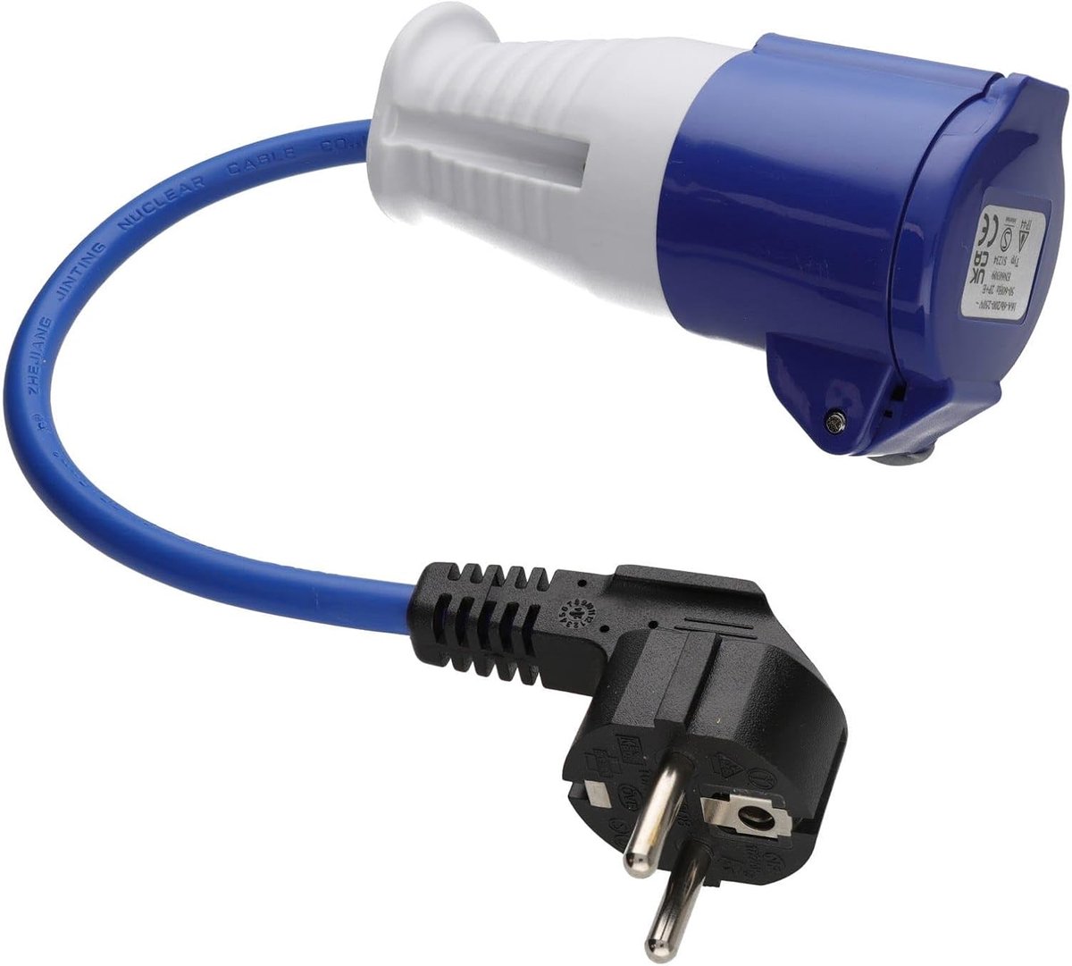 Schuko-stekker naar 16 A Blauwe Commando caravan stroomaansluiting kabeladapter