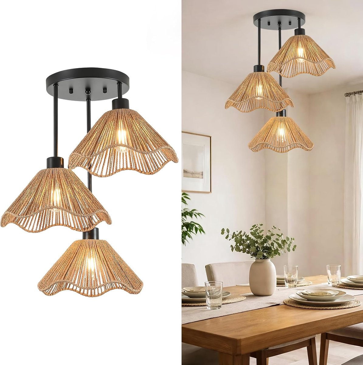 Plafondlamp 3 vlammen plafondlamp vintage met rotan lampenkap | Rustieke plafondlamp slaapkamer lampen voor eetkamer, keuken, hal, E27 lampvoet hanglamp woonkamer