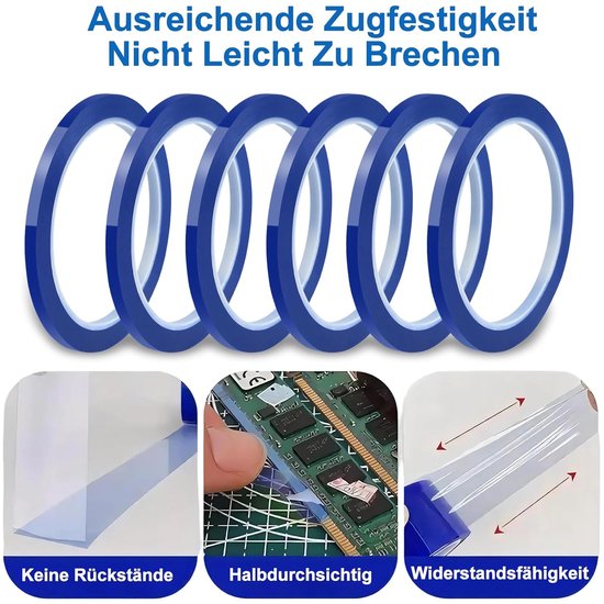Plakband, 6 rollen sublimatietape, 10 mm x 33 m, blauw, sublimatietape, isolatietape zonder resten voor printplaten en 3D elektronische print — afbeelding 2