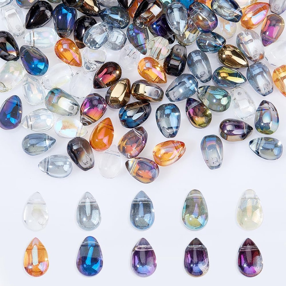 120 stuks traanvormige glazen hangers, bovengeboorde druppelkralen, 10 kleuren waterdruppelbedels voor doe-het-zelf ketting, armband, oorbellen, sieraden maken (0,8 x 0,5 x 0,6 cm)