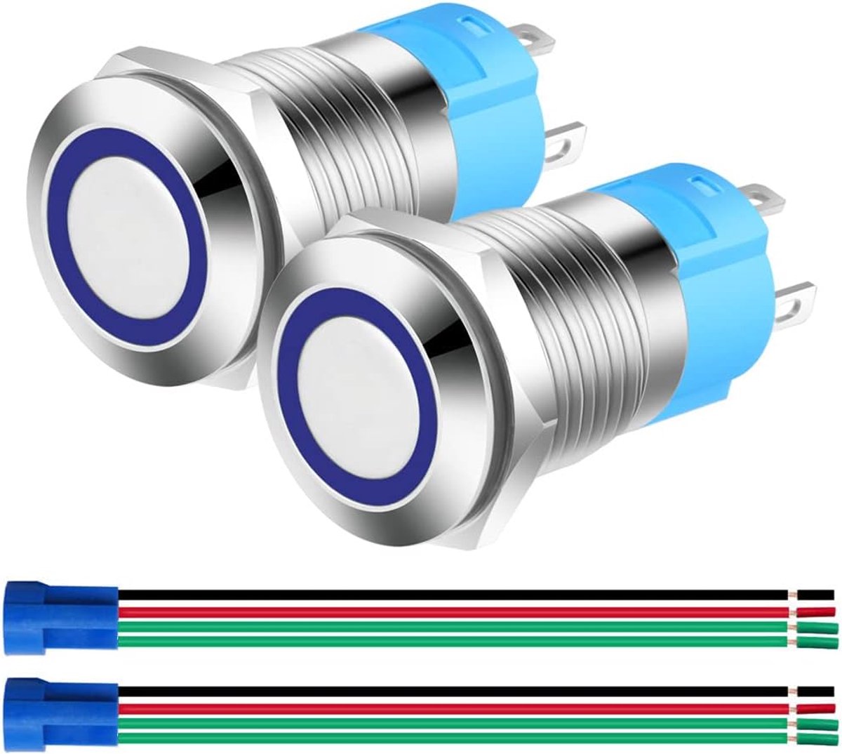 2pcs 0.47 inch/12mm Roestvrij Staal Kortstondige Drukknop 12V-24V 3A LED Normaal Open SPST AAN-UIT Waterdichte Drukknop met Draadstekker(Blauwe LED)