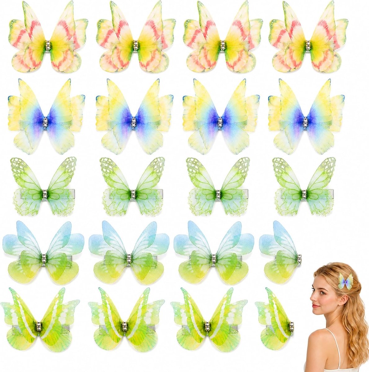 20 stuks dubbellaagse vlinderklemmen, organza, 3D, zonder lijm, voor haar, hoeden, kleding, wanddecoratie, doe-het-zelf, cadeau voor meisjes