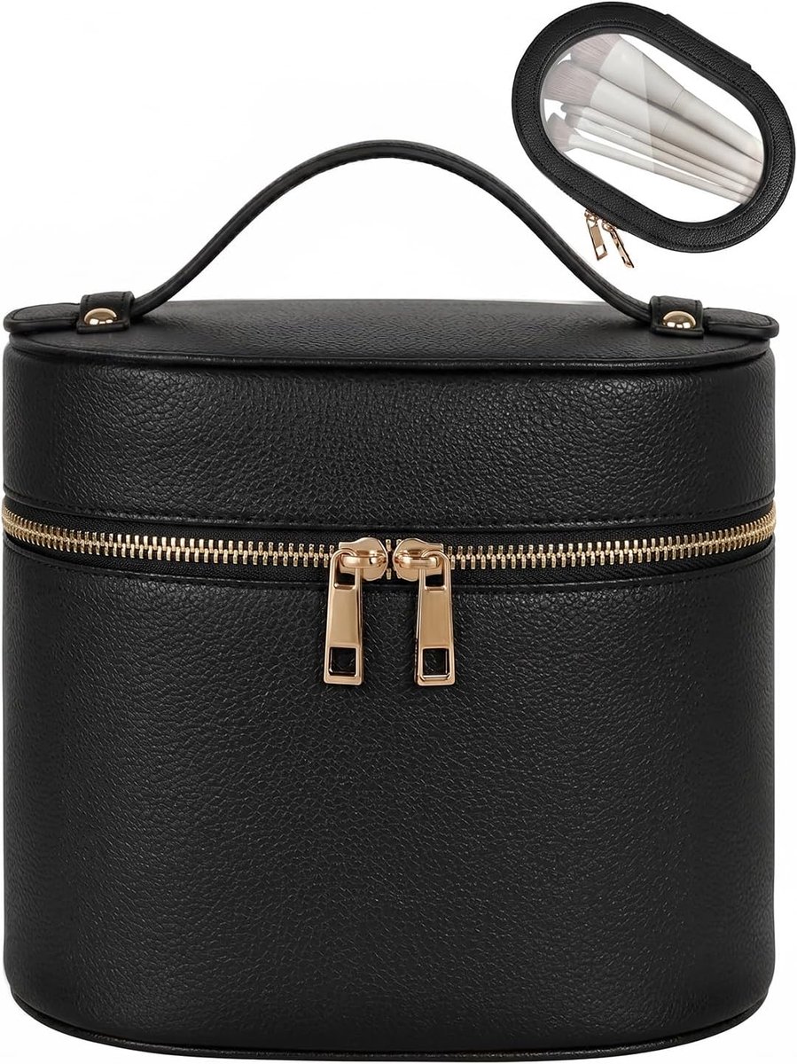 2 stuks make-uptas voor dames, vanity case, reistoilettas, draagbaar, hard leer, met scheidingswand en afneembare borsteltas, Zwart, Cosmetische tas