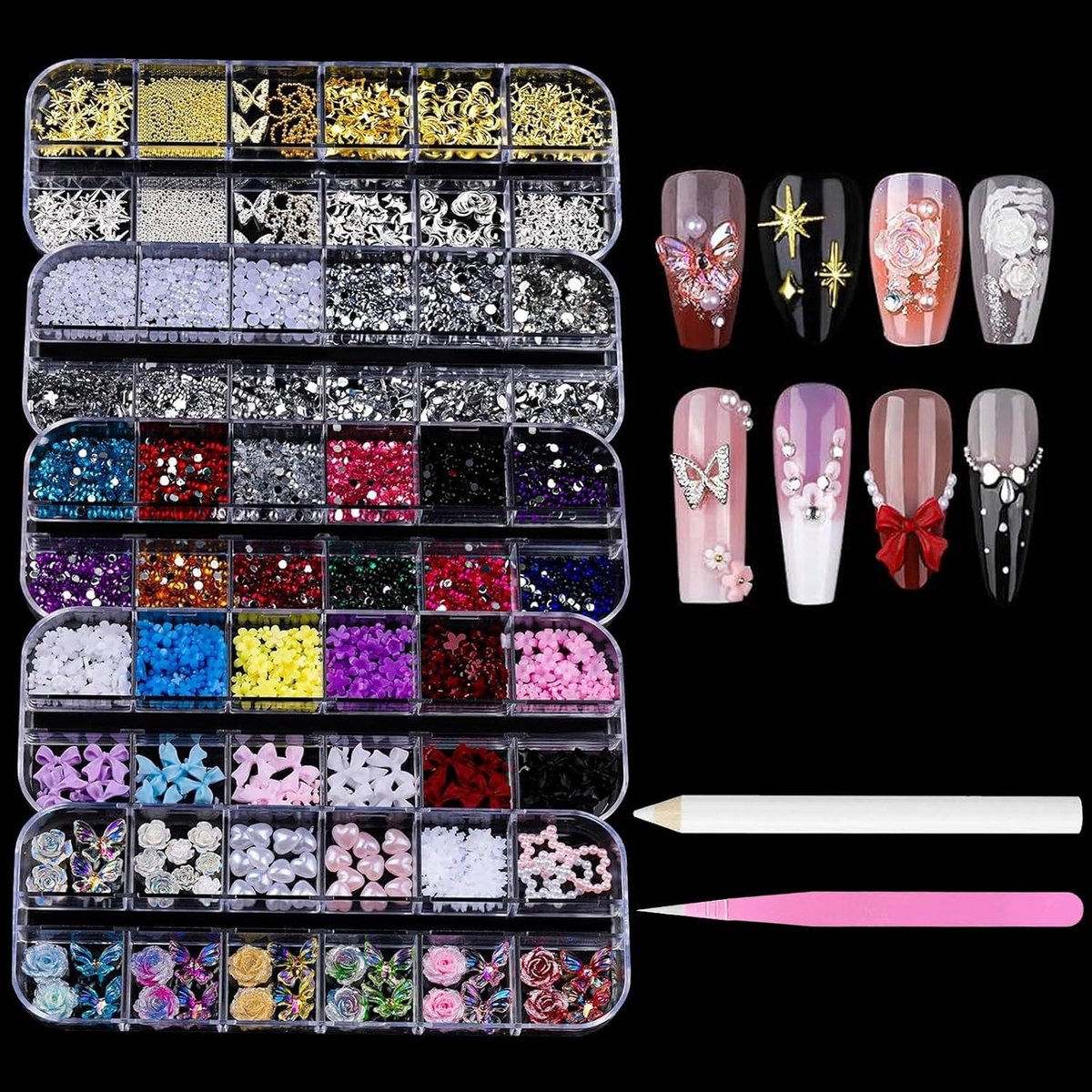 5000+ stk. Mega nagelkunst set incl. pincet en stippen, 3D hars bedels (vlinder, strik) & strass-steentjes, professionele accessoires voor nagels, knutselen, telefoonhoesjes