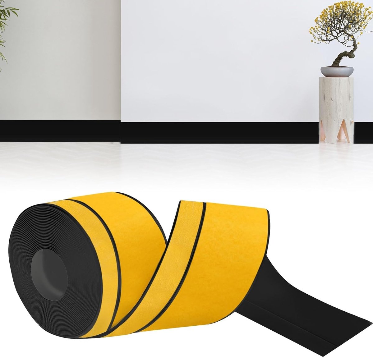 Plint zelfklevend, 80 mm x 20 mm x 6 m, zachte plint, zelfklevend, pvc, hoeklijst, zelfklevend, plinten, flexibel, geschikt voor keuken en badkamer (zwart)